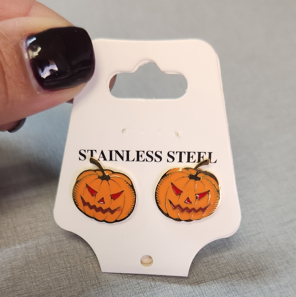 Unisex Gold Plated Jack O Lantern Stainless Steel Halloween Pumpkin Earrings - Picture 2 of 5